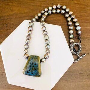 Artisan Baroque Pearl & Glazed Ceramic Pendant Necklace 18"